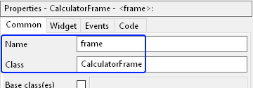 Frame Properties: Name: frame, Class: CalculatorFrame